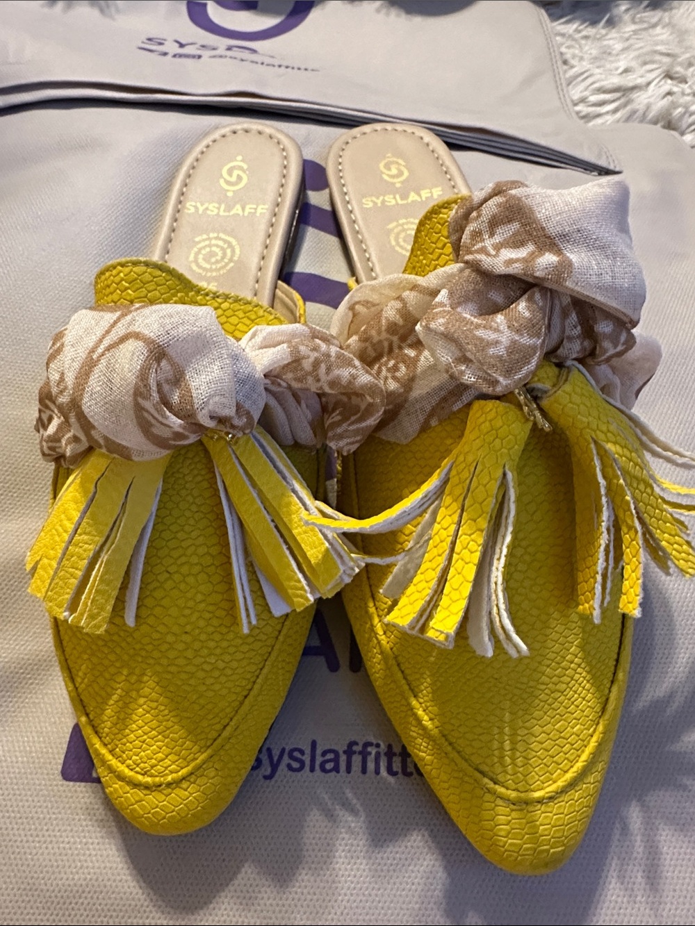 Yellow Tassel Scarf Mule Flats for Women